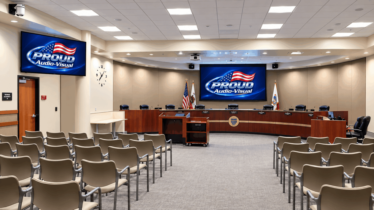Modern Council Chamber with PROUD Audio-Visual Branding